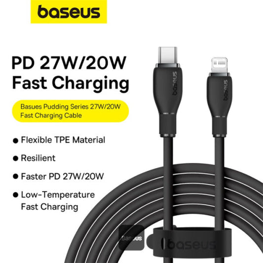 Baseus Pudding Series كابل شحن سريع من النوع C إلى Lightning 20W 1.2M - أبيض - أسود - سلك شحن - بايسوس - تايب سي الى ايفون - طول 1.20 متر - كفالة 12 شهر