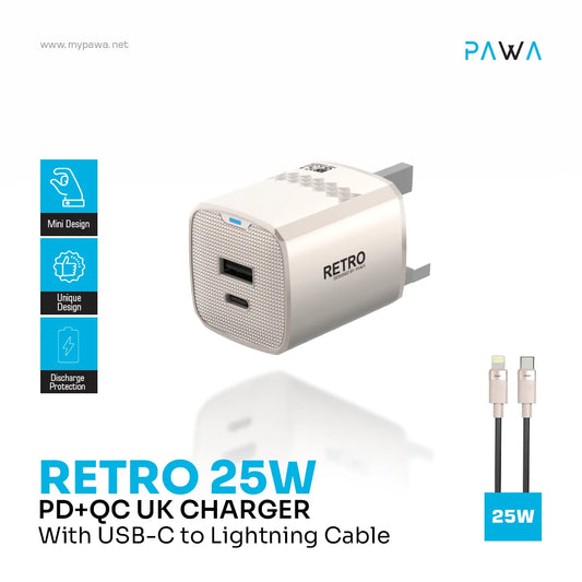 شاحن PAWA Retro 25W PD+QC UK مع كابل USB-C إلى Lightning - شاحن بلاك حائط + سلك شحن iPhone - 25W - باوا - كفالة 12 شهر