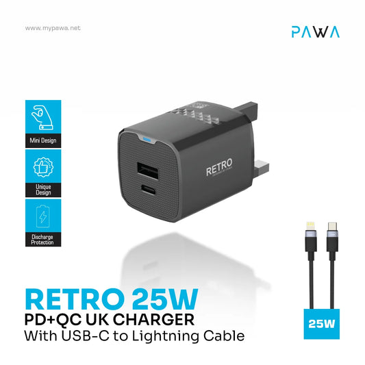 شاحن PAWA Retro 25W PD+QC UK مع كابل USB-C إلى Lightning - شاحن بلاك حائط + سلك شحن iPhone - 25W - باوا - كفالة 12 شهر