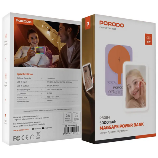 Porodo Magsafe Power Bank 5000mAh Mirror + Dynamic Light Modes - Purple - بطارية متنقلة ماغ سيف + مراية + 1 منفذ تايب سي - سعة 5000 ملي أمبير - كفالة 24 شهر
