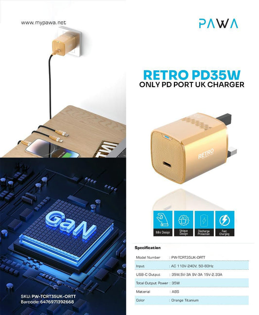 شاحن PAWA Retro PD35W Only PD Port UK - شاحن حائطي - قوة 35 وات - منفذ تايب سي سريع الشحن كفالة 12 شهرًا