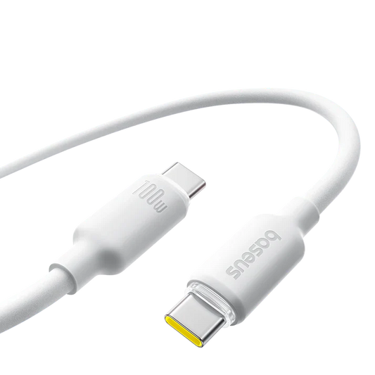 كابل شحن سريع من السيليكون الرغوي من Baseus بطول 1 متر USB-C إلى USB-C 100 واط - أبيض - سلك شحن - بايسوس - تايب سي الى تايب سي 100 - طول 1 متر - كفالة 12 شهر 