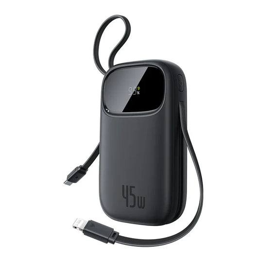 Baseus EnerFill FC31 Qpow3 Digital Power Bank 20000mAh 45W USB-C+Lightning – Black - بطارية متنقلة - بيسوس - سعة 20000 - عدد 2 سلك - شاحن  ايفون + تايب سي - شاشة رقميه - قوة 45 واط - كفالة 24 شهر