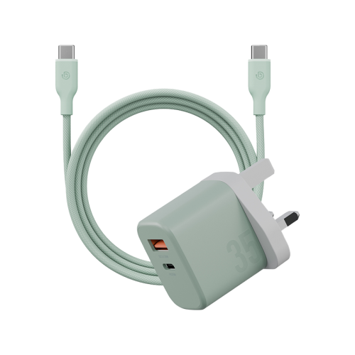 مجموعة أدوات Bazic Go Port Velox بمنفذ USB-C ومنفذ واحد USB-A PD 35W شاحن حائط مع كابل USB-C إلى USB-C 60W - أخضر فستقي - شاحن جداري - إعادة شحن سريع - 35 وات + سلك شحن تايب سي بقوة 60 وات - كفالة 24 شهرًا 