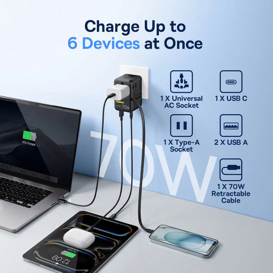 محول السفر العالمي Baseus EnerCore CG11 بقدرة 70 وات مع USB-C قابل للسحب - شحن جداري أسود - 4 فتحات - 3 فتحات قابلة لإعادة الشحن تايب سي + 1 فتحة يو اس بي - قوة 70 وات مع كيبل تايب سي - كفالة 24 شهرًا 