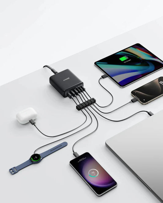 شاحن أنكر (112 واط، 6 منافذ، جان) - أسود - موزع شحن - أنكر - 6 فتحات - قوة 112 واط - كفالة 18 شهر