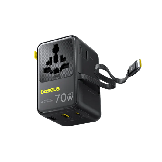 محول السفر العالمي Baseus EnerCore CG11 بقدرة 70 وات مع USB-C قابل للسحب - شحن جداري أسود - 4 فتحات - 3 فتحات قابلة لإعادة الشحن تايب سي + 1 فتحة يو اس بي - قوة 70 وات مع كيبل تايب سي - كفالة 24 شهرًا 
