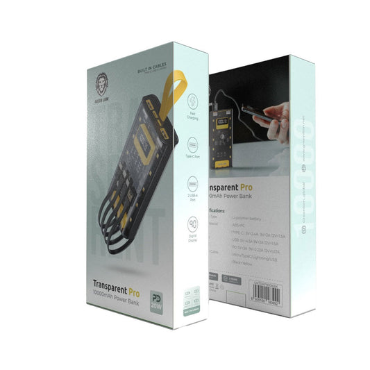 Green Lion Transparent Pro 10000mAh Power Bank - Black - بطاريه متنقلة - سعة 10 ألاف - جرين لاين  - سلك شحن  تايب سي + سلك شحن  ايفون + سلك شحن مايكرو + سلك يو اس بي اي - شاشة رقمية - كفالة 24 شهر