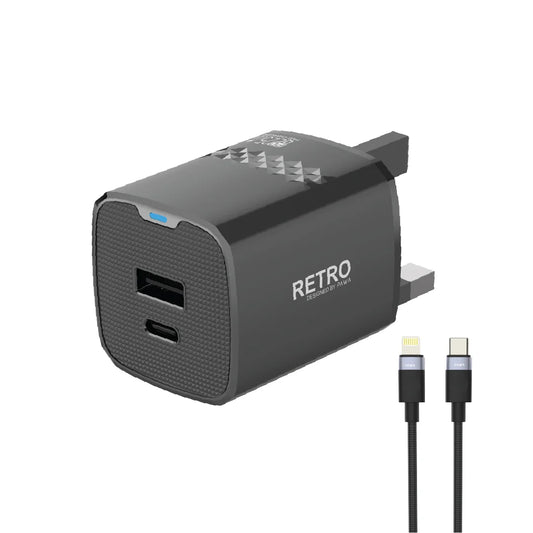 شاحن PAWA Retro 25W PD+QC UK مع كابل USB-C إلى Lightning - شاحن بلاك حائط + سلك شحن iPhone - 25W - باوا - كفالة 12 شهر