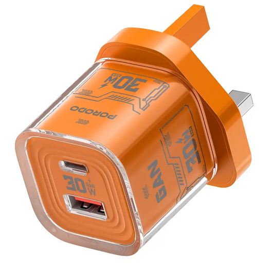 Porodo Tezclarte Quick Wall Charger 30W Dual-Port Fast Charging  - Orange - بلاك شاحن حائط - فتحتين للشحن 30 واط - بورودو - كفالة 24 شهر
