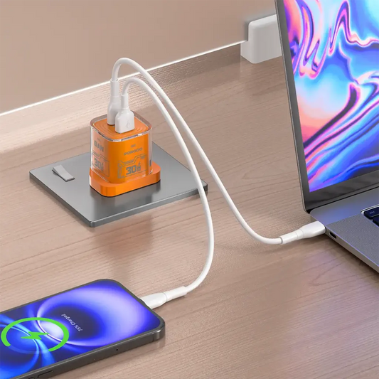 Porodo Tezclarte Quick Wall Charger 30W Dual-Port Fast Charging  - Orange - بلاك شاحن حائط - فتحتين للشحن 30 واط - بورودو - كفالة 24 شهر