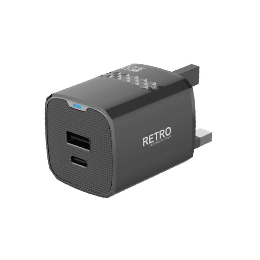 PAWA Retro 25W PD+QC UK Charger - بلاك شاحن حائطي + منفذين قابل للشحن السريع - 25 وات - باوا - كفالة 12 شهرًا