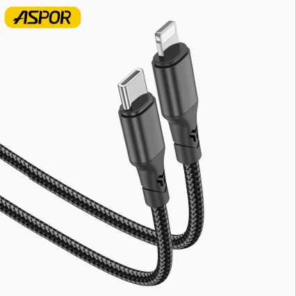 كابل Aspor 27W فائق السرعة من النايلون من النوع C إلى Lightning - طول 2 متر - أسود - سلك شحن تايب سي آيفون - طول 2 متر - كفالة 12 شهر 
