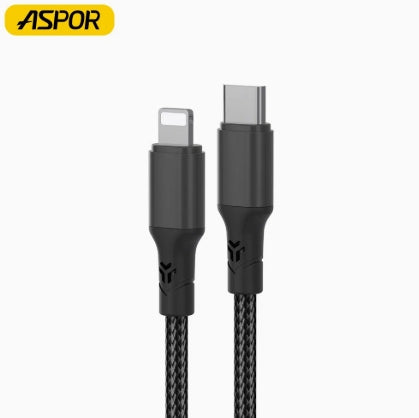 كابل Aspor 27W فائق السرعة من النايلون من النوع C إلى Lightning - طول 2 متر - أسود - سلك شحن تايب سي آيفون - طول 2 متر - كفالة 12 شهر 