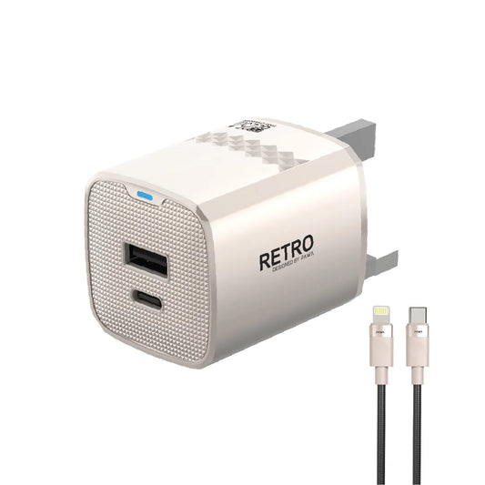 شاحن PAWA Retro 25W PD+QC UK مع كابل USB-C إلى Lightning - شاحن بلاك حائط + سلك شحن iPhone - 25W - باوا - كفالة 12 شهر