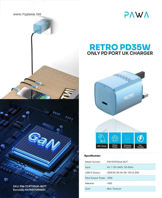 شاحن PAWA Retro PD35W Only PD Port UK - شاحن حائطي - قوة 35 وات - منفذ تايب سي سريع الشحن كفالة 12 شهرًا