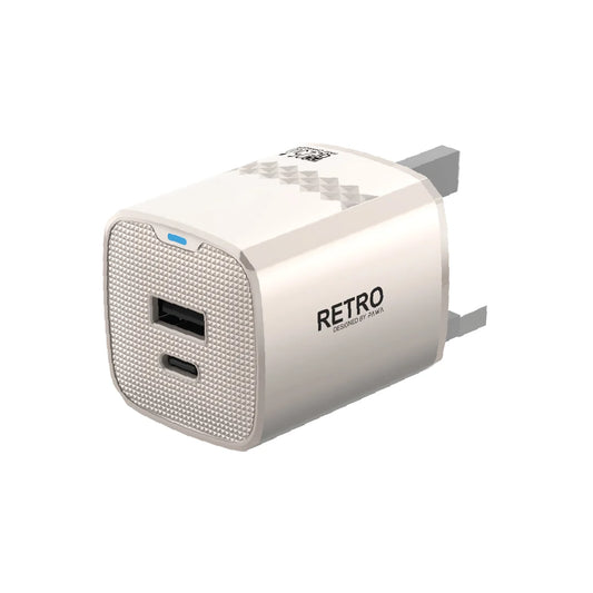 PAWA Retro 25W PD+QC UK Charger - بلاك شاحن حائطي + منفذين قابل للشحن السريع - 25 وات - باوا - كفالة 12 شهرًا