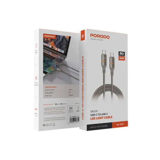Porodo 60w Type-C To Type-C Braided Cable 1.2m - Grey - سلك شحن  تايب سي - برودو - كفالة سنتين - طول 1.2 متر